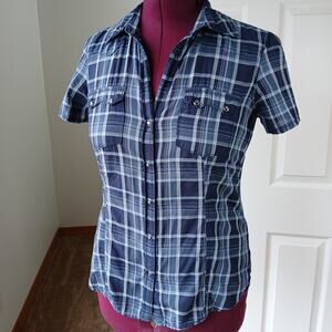 Banana Republic Western Plaid Snap Blouse M repaired short sleeve blue cotton